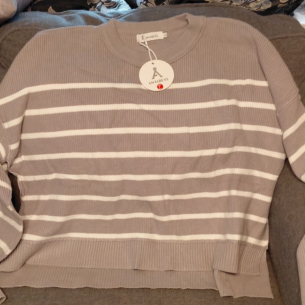 Women's ANRABESS Grey & White Striped Crew Neck Sweater Size L - Picture 2 of 4